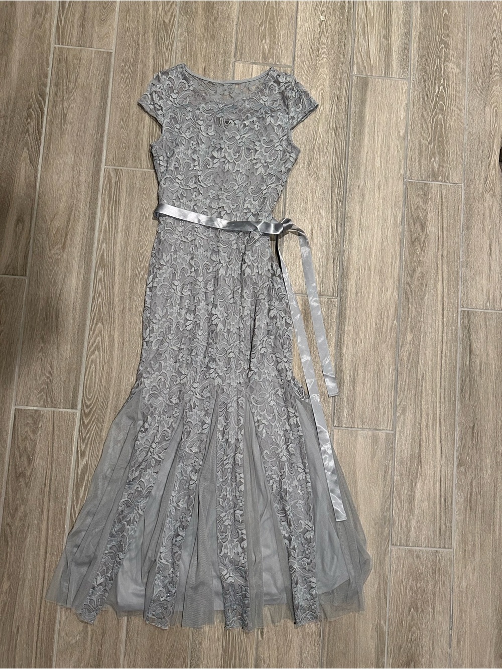 Silver Lace Maxi Dress with Satin Waist Tie